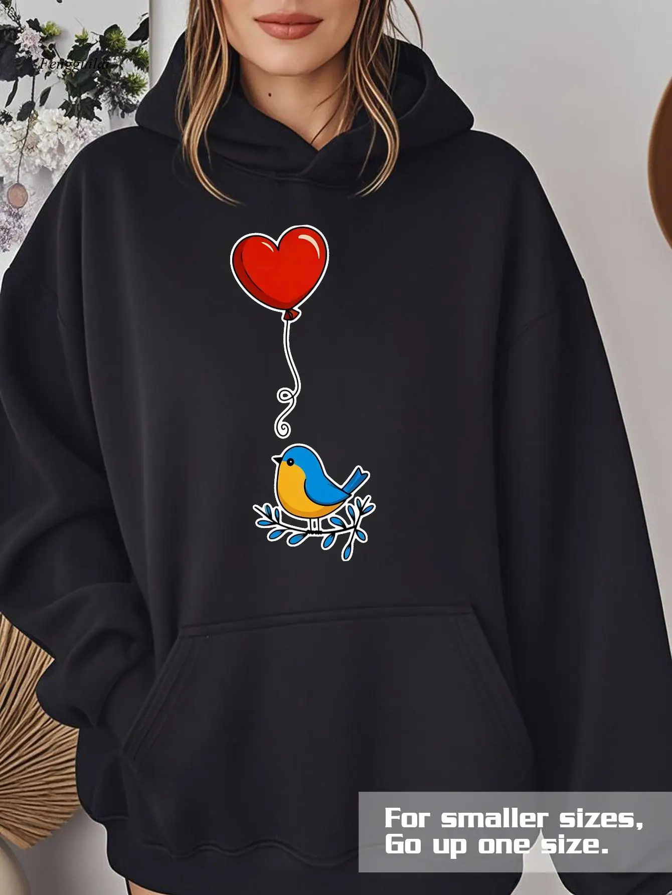 هوديي أسود مع بالون قلب أحمر وطباعة الطيور الزرقاء - سويت شيرت مريح للخريف/الشتاء، جيب الكنغر #2