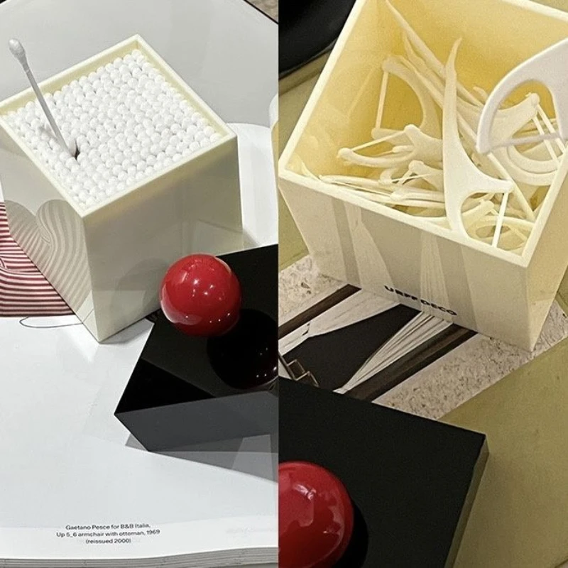 Milk White Exquisite Cotton Swab Box Acrylic Makeup Cotton Storage Box Desktop Jewelry Box Stripe Transparent Decoration