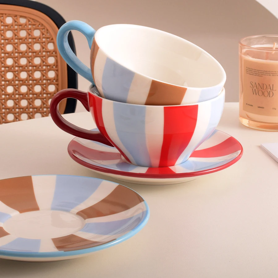 250ml Nordic Style Striped Cup Dish Color Blocked Ceramic Coffee Cup Plate Set Home Afternoon Tea Light luxury Cups Saucer Sets
