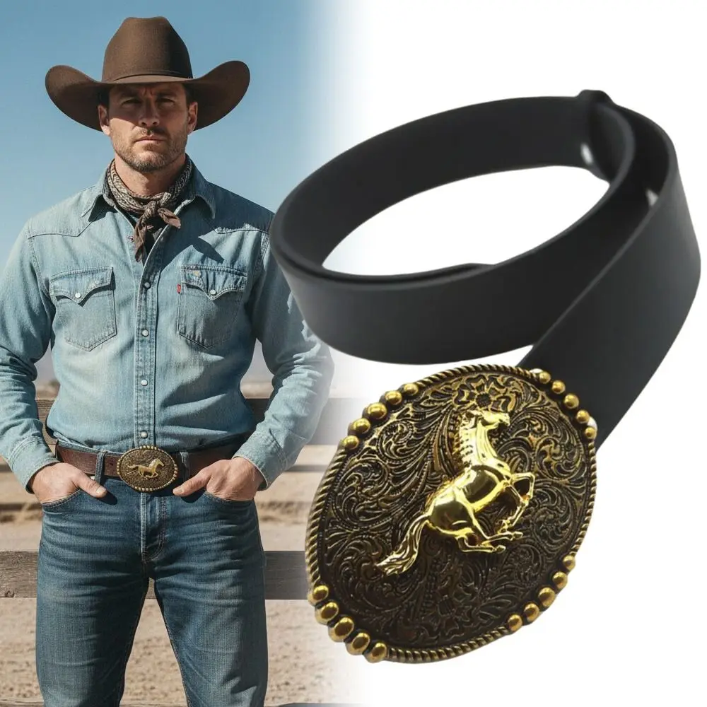 Fashion Luxury Design Western Cowboy Belt Trendy Brand Vintage Embossed Horse Buckle Belt Retro Waistband For Women Man