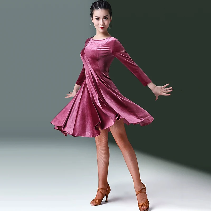 Sexy Latin Dance Wear Dress Autumn and Winter New Adult Women Long-sleeved Dress Velvet Professional Social Dance Training Dress