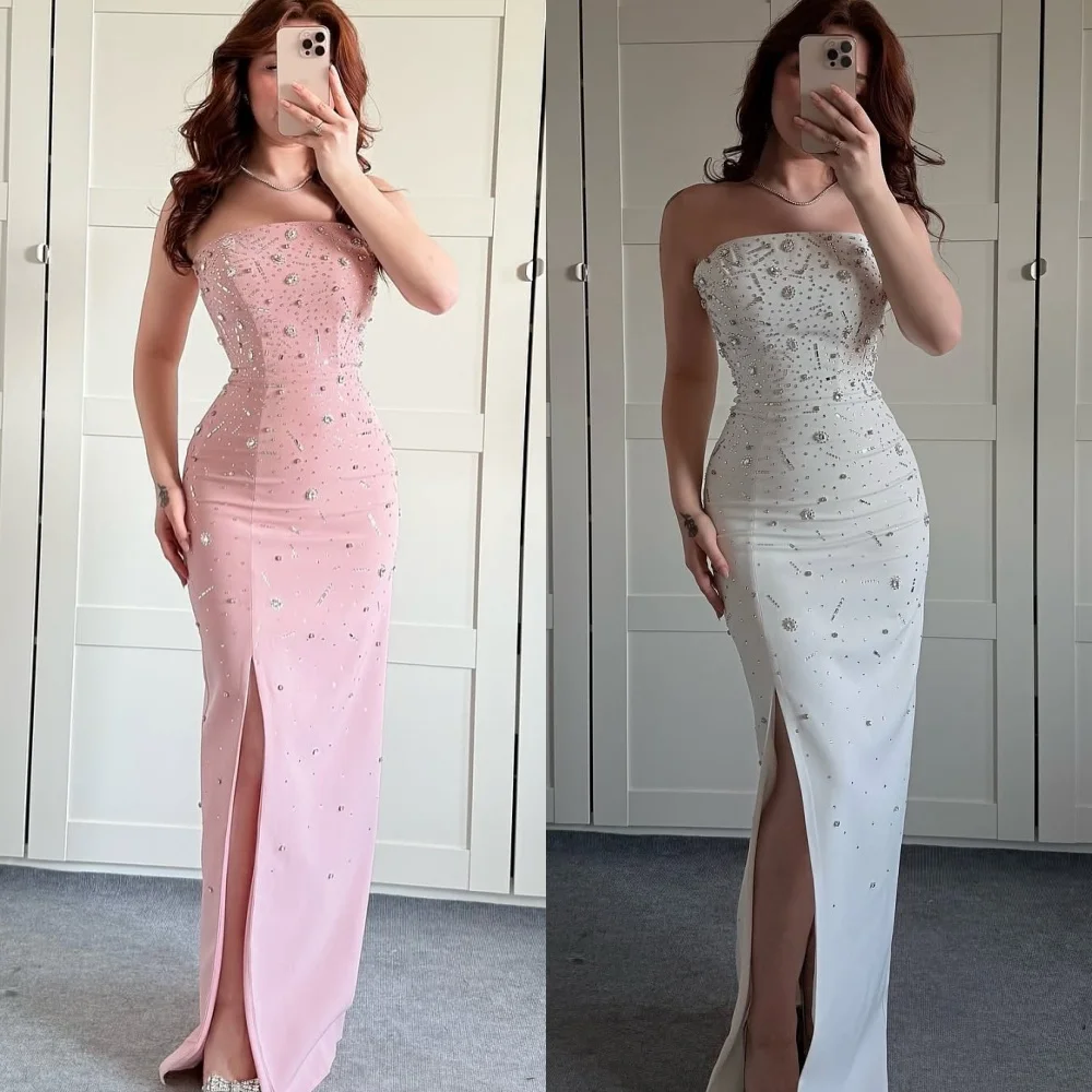 

Customized Classic Strapless Sleeveless Evening Dress Temperament Backless Prom Dresses Delicate Jersey Crystal Party Gowns