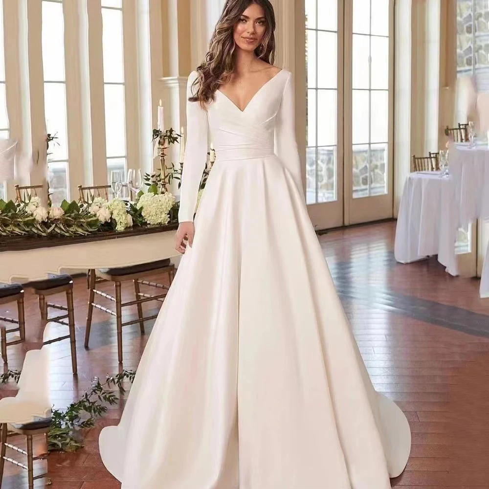 Vestidos De Novia De línea A De satén con cuello en V, vestidos De Novia sin espalda, Sexy, ocasión Formal, Vestido De tren De corte