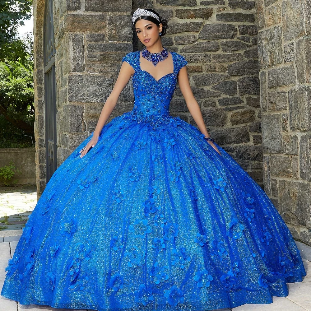 

EVLAST Royal Blue Ball Gown Quinceanera Dress Sparkly 3D Flower Lace Appliques Sweet 16 Pageant Gown Vestido De 15 Anos TQD155