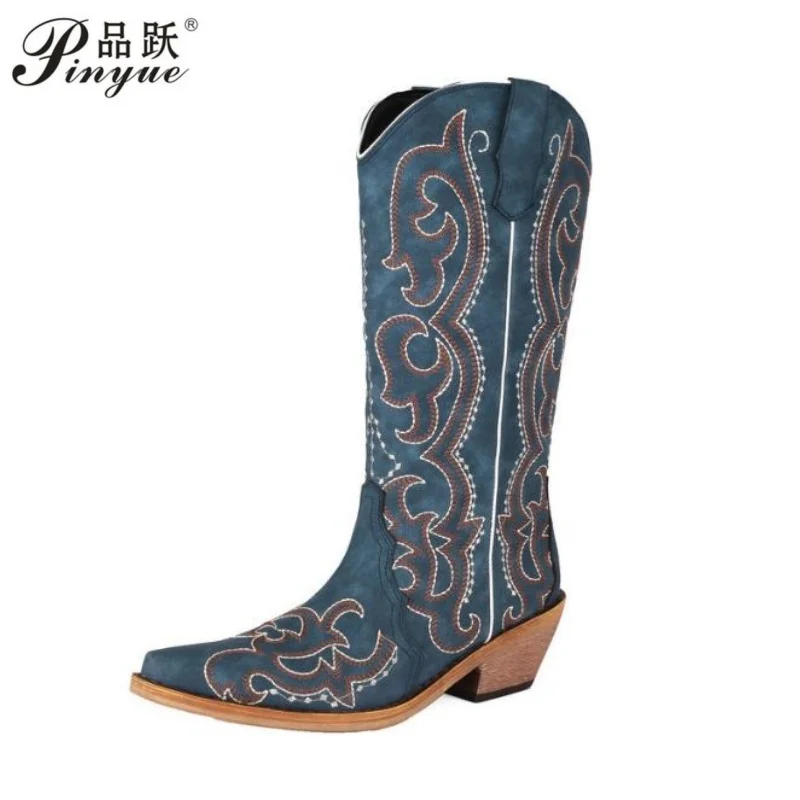 

Женские сапоги-ковбойки 5 см, синие удобные ковбойские сапоги в стиле вестерн, широкие туфли-лодочки из телячьей кожи с вышивкой, размеры 35–48