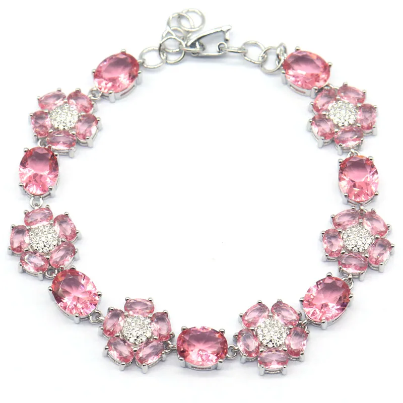 

10x8mm Pretty 19.15g Pink Morganite Smoky Topaz Red Blood Ruby CZ Ladies Jewelry Silver Bracelet 8.0-9.0inch
