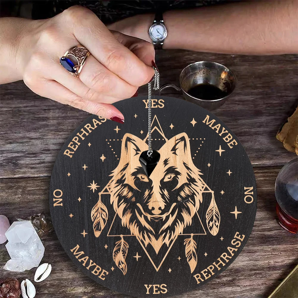 15 Cm Laser Engraved Wooden Decorative Round Board Creative Wolf Pattern Mat Crystal Energy Dish Base Altar Witchcraft Supplies