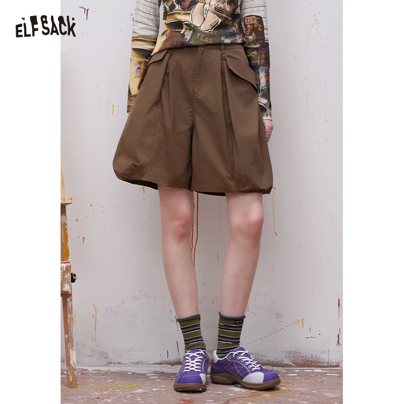 

ELFSACK Retro Shorts with Paperbag Waist, Pumpkin Bloom Loose Fit Bottoms, Casual Cottagecore Cute Pants for Women
