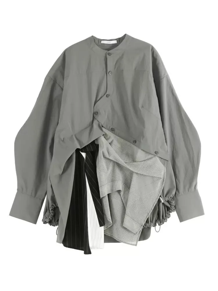 

Japanese Style Deconstructed Patchwork Design Outerwear Asymmetrical Structure Casual Women's Shirt Commute Style Long Sleeve