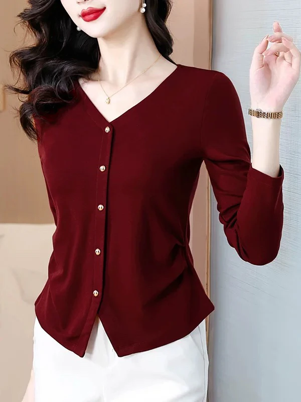 플러스 사이즈 V넥 긴팔 티셔츠 여성 순면 가을 패션 플리츠 허리 조임 슬림핏 베이스 티셔츠