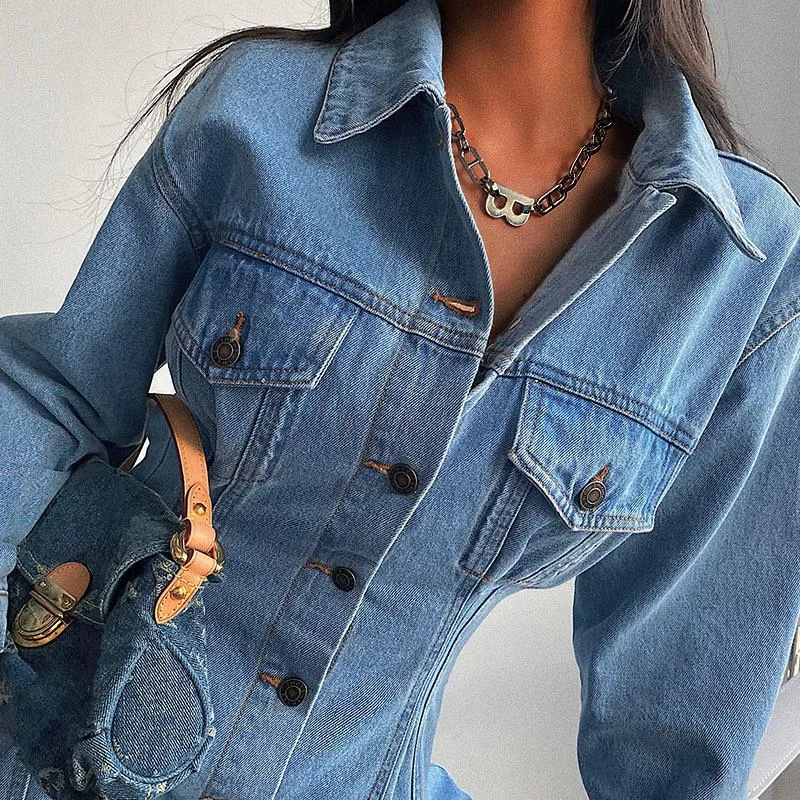 Vintage Denim Jacket Dress Fashion Slim Fit Button Skirt Turndown Collar Long Sleeve Washed Jeans Dresses For Woman Vestidos