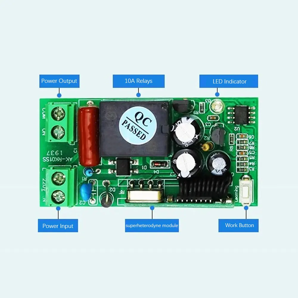 433MHz 1500W Load Remote Switch Single Channel Small AC180-240V For Electric Door Electric Curtain Gate Control