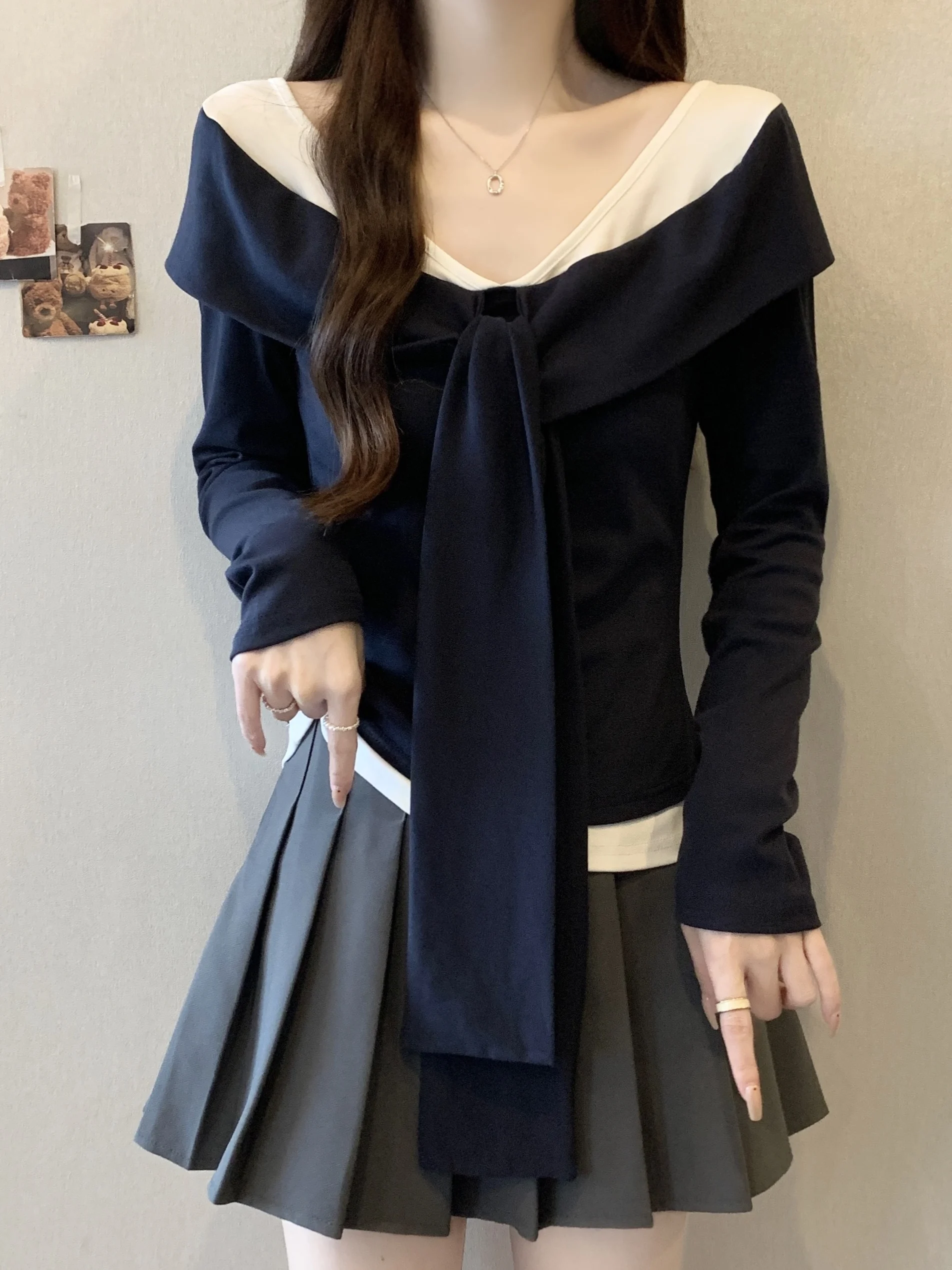 

plus Size T-irt Women's Long Sve One-oulder Splice Design Slim Fit Base irt Color Blo High Waist A-Line Skirt