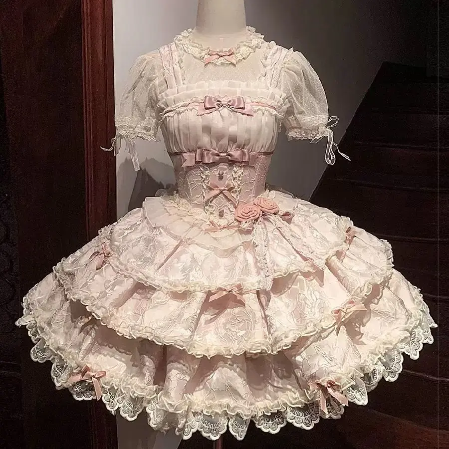 MAGOGO Silver Moon Kawaii Lolita Ballet Style JSK Dress Women Daily Sweet Pink Bow Lace Sling Princess Doll Dresses Y2k Vestidos