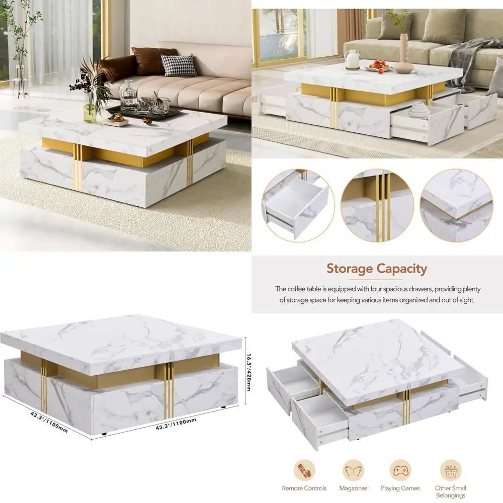 with 4 Drawers, Luxury Contemporary Cocktail Table in Gold Accents Modern Square Coffee Table
