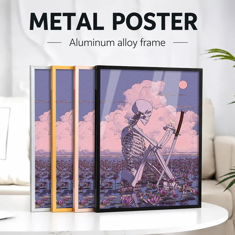 Tired Skeleton Framed Aluminum Metal Poster Customized Photo Mystical Graphic Style Wall Art For Reading Nook Fantasy Fan Gift