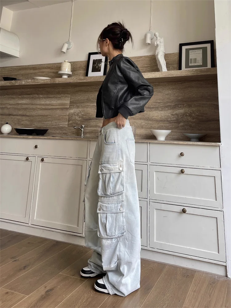 QWEEK Y2K Blue Cargo Jeans Women Vintage Streetwear Multiple Pockets Denim Pants Oversized High Street Hip Hop Baggy Trousers