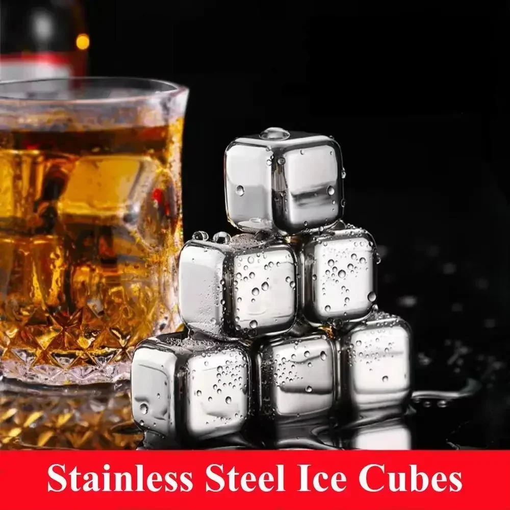 6 pcs A Set Whiskey Ice Cubes Set with Silicone Head Tongs and Ice Cube Trays Stainless Steel Ice Cubes Reusable