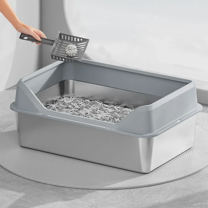 Afbeelding 4: Extra grote roestvrijstalen kattenbak Hoogzijdige geurcontrolebak Gemakkelijk schoon te maken huisdierpan met schep Duurzame Kitty toiletbak