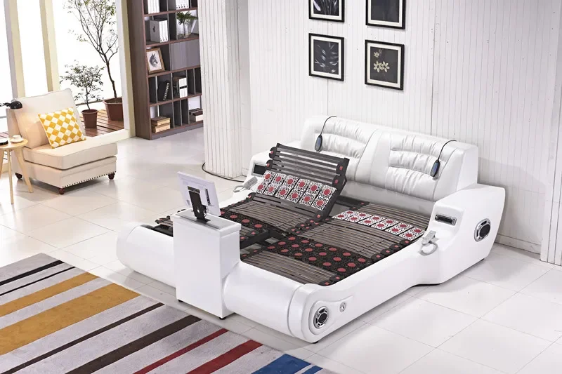 Leather double master bedroom simple modern atmosphere European smart bed