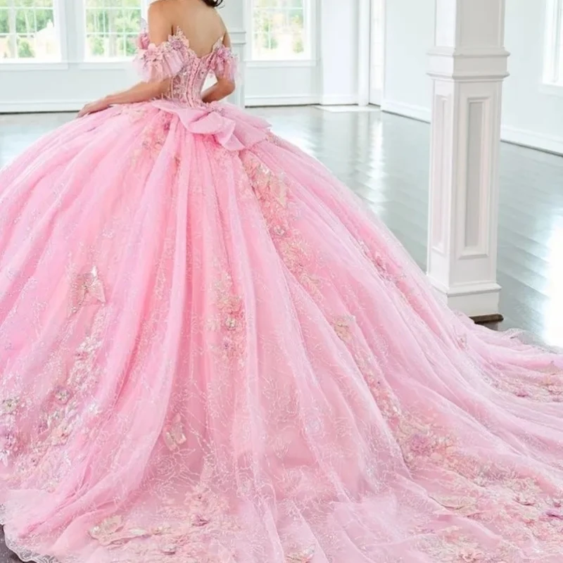 

Customized Pink Princess 15th Girl Quinceanera Dresses 16 Off Shoulder Flower Applique Corset Puffy Women Prom Party Dress 2025