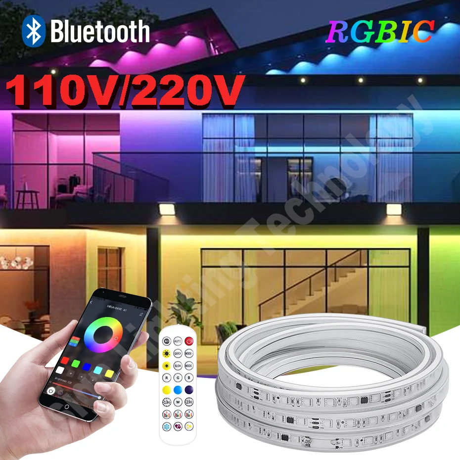 

110V or 220V Led Strip Light RGBIC 60leds/m Smart Bluetooth APP Control Waterproof IP67 Dream Color RGB Dimmable Flex Tape Light