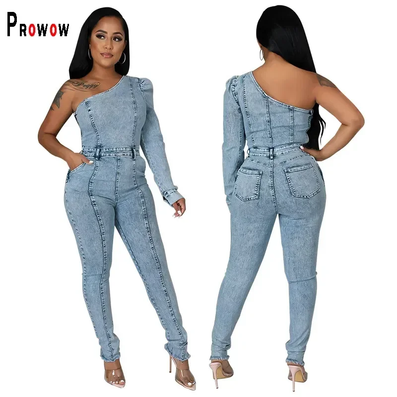 Prowow Women Jumpsuits Fashion One Sleeve Denim Overalls Rompers Blue Color Slim Fit Fashion Trend Female Streetwear