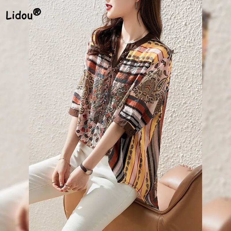 Casual Vintage Women's V-Neck Diamonds Printed Blouse Summer Loose Fashion Casual Half Sleeve Pullovers Shirt Female Clothing