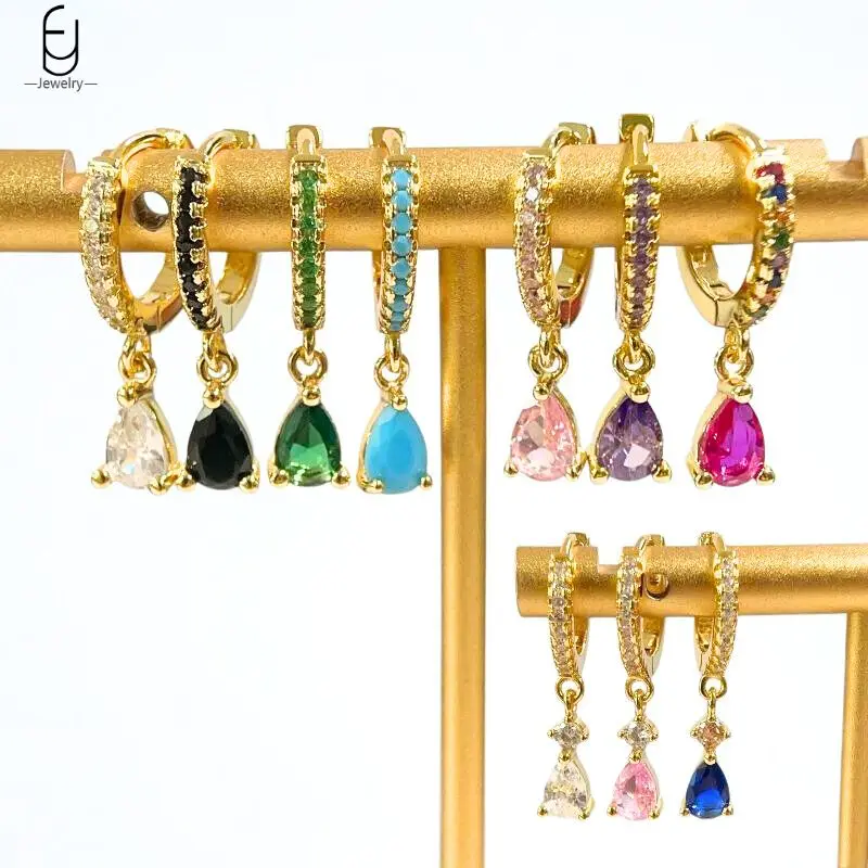 

925 Sterling Silver Needle Colorful Water Drop Zircon Pendant Earrings Luxury Multicolor Hoop Earrings Women's Fashion Jewelry