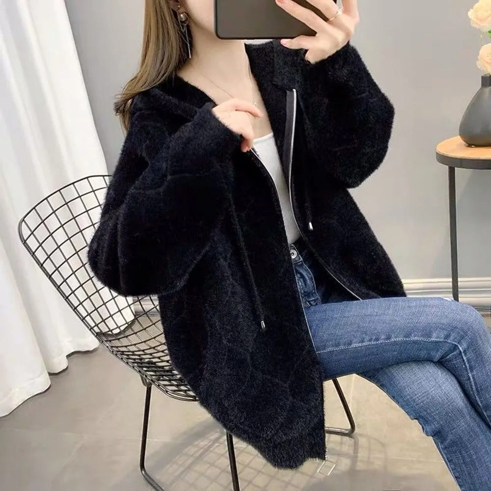 Mink Fleece Sweater Coat Korean Thick Short Knit Cardigan Women\'s Outerwear Casual Loose Plush Fluffy Pink Jacket Overcoat