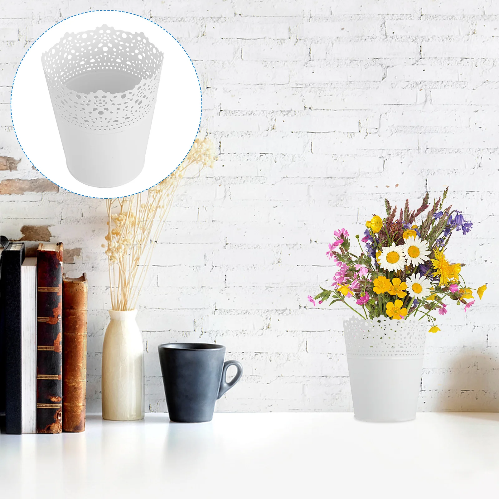 

2Pcs Lace Hollow Iron Vase Desktop Flower Arrangement Holder Home Decor Fine Workmanship Durable Storage Box Desktop Adornment