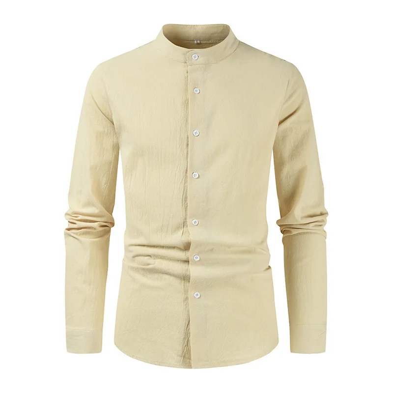 New Autumn Long Sleeve Shirt Men Stand Collar Cotton Casual Male Blouse Vintage Solid Color Single Breasted Shirts Man