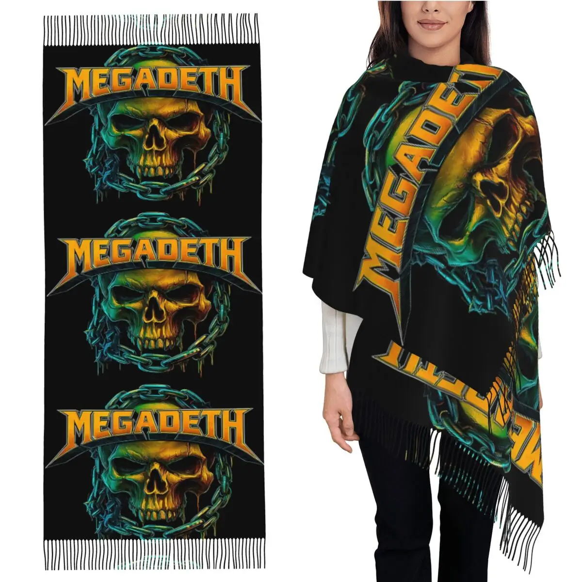 

Megadeth Череп с цепочками Тяжелый металл Художественный шарф Шарфы с кисточками Женские мягкие теплые шали и накидки Длинная осенне-зимняя шаль