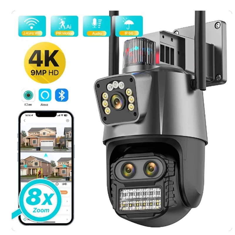 

Outdoor PTZ Camera 9MP 4K HD 8X Hybrid Zoom Triple Lens Dual Screen Wifi IP Camera Alarm CCTV Surveillance EU-Plug Easy Install