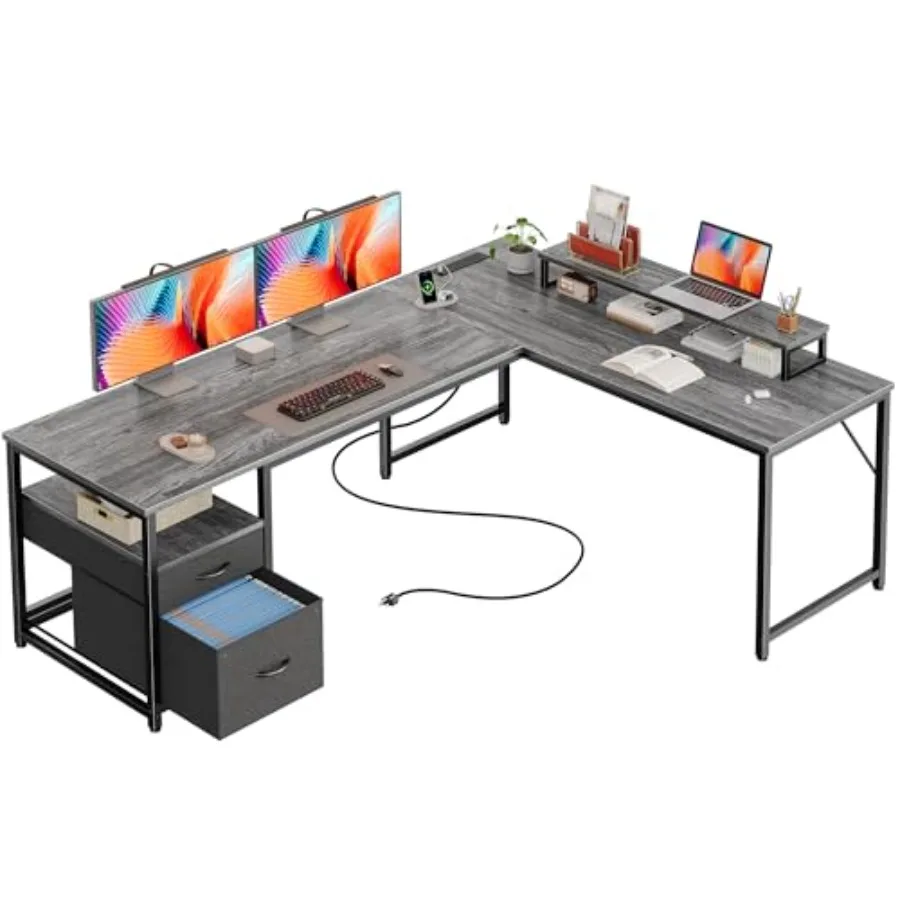 L Shaped Desk for Home Office Use, Engineered Wood in White, Features Built-in Power Outlets and USB-C Port, Fabric Drawers and