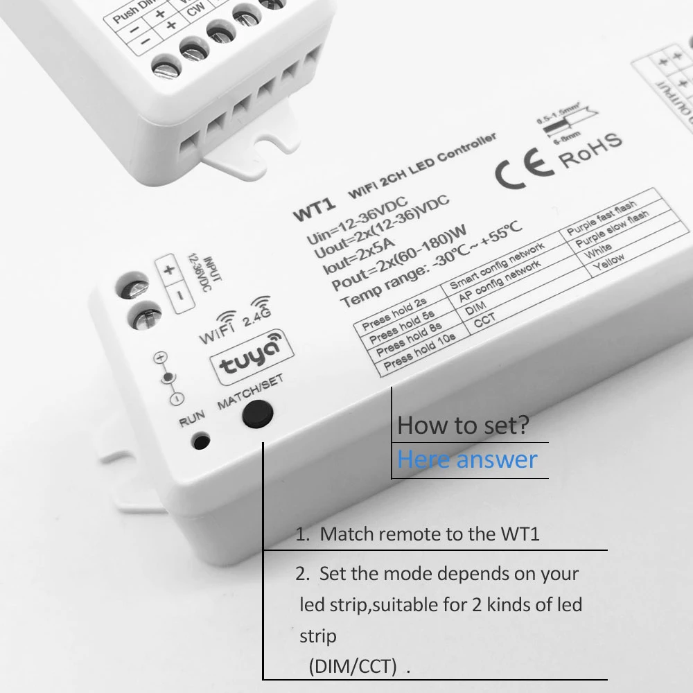 투야 LED 컨트롤러, WW CW 스트립 조명용 스마트 와이파이 조광기, 2.4G RF 벽걸이 터치 패널 리모컨, 2CH WT1, 12V, 24V