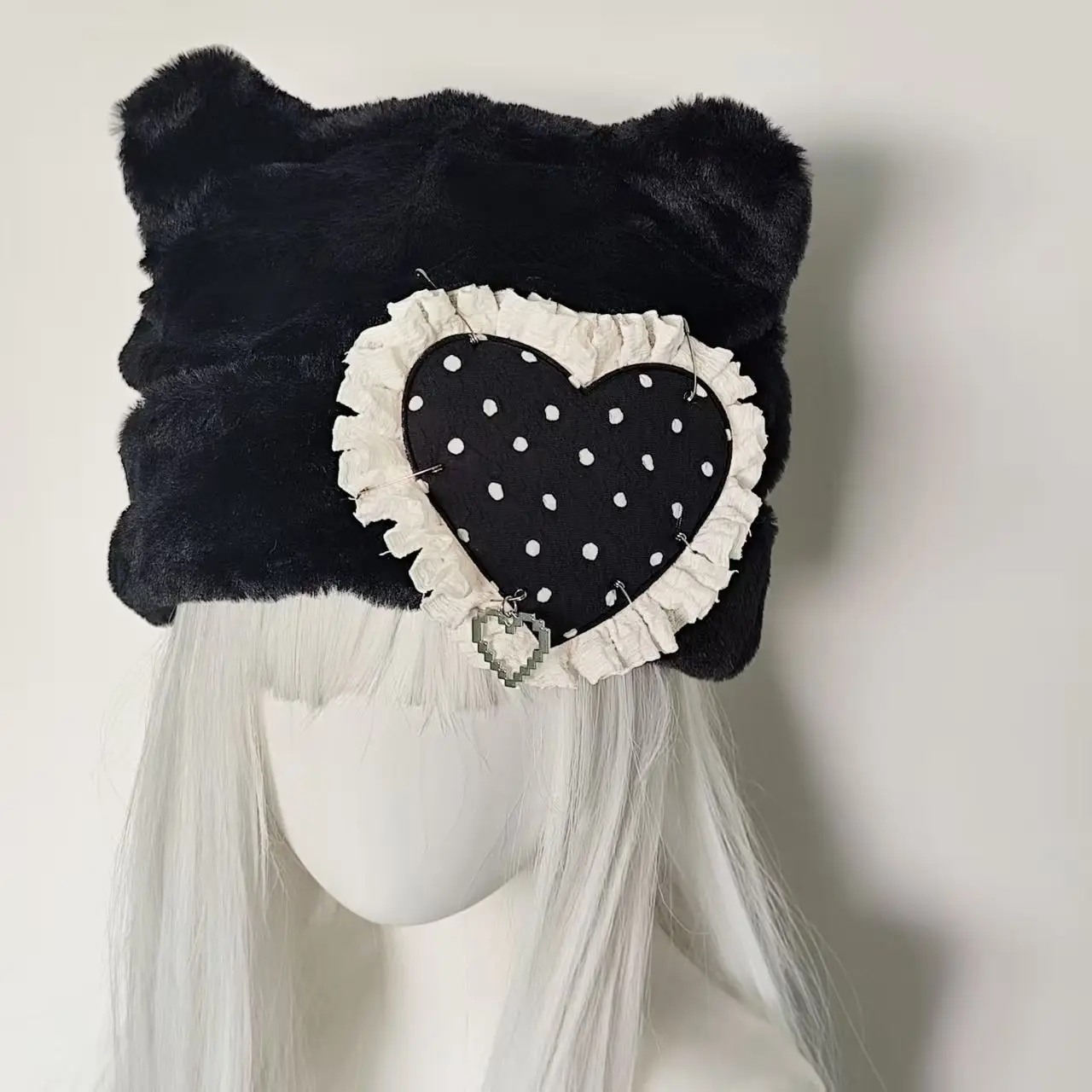 Subcultural Wave Point Love Cat Ear Hat Winter Warm Cute Soft Girl Hoodie Sweet Aesthetic Winter Accessories