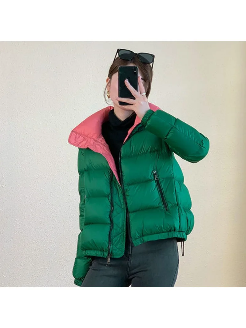 

Bread Down Jacket Women Short Thick Inlaid Color Stand Collar Loose and Soft Waterproof 2023 New