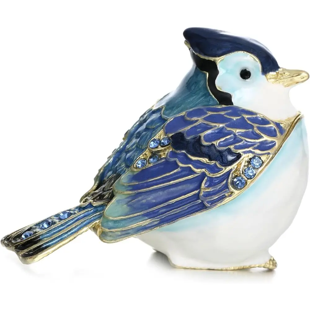 

Antique-Style Blue Jay Enamel Trinket Box, Mini Jewelry Organizer with Hinged Lid, Handcrafted Decorative Storage for Rings and