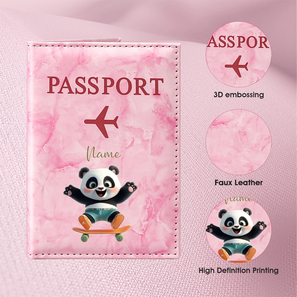 Custom Personalized Name Design Cute Panda Skateboard Illustration PU Passport Holder, Featuring a Dynamic Panda Riding
