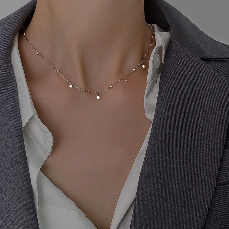 Fashionable Simple 925 Sterling Silver Round Bead and Disc Choker Necklace for Women Collarbone Chain Jewelry Accessories Gifts