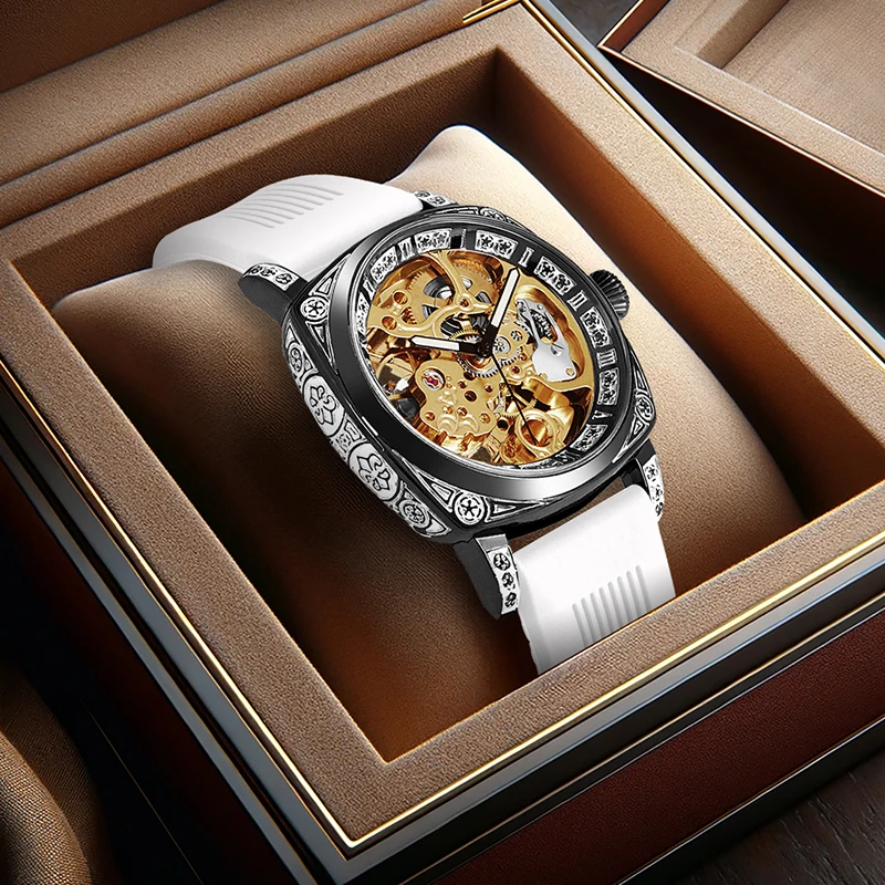 

A men's casual collegiate-style energetic youth hollow-out star white tape mechanical watch