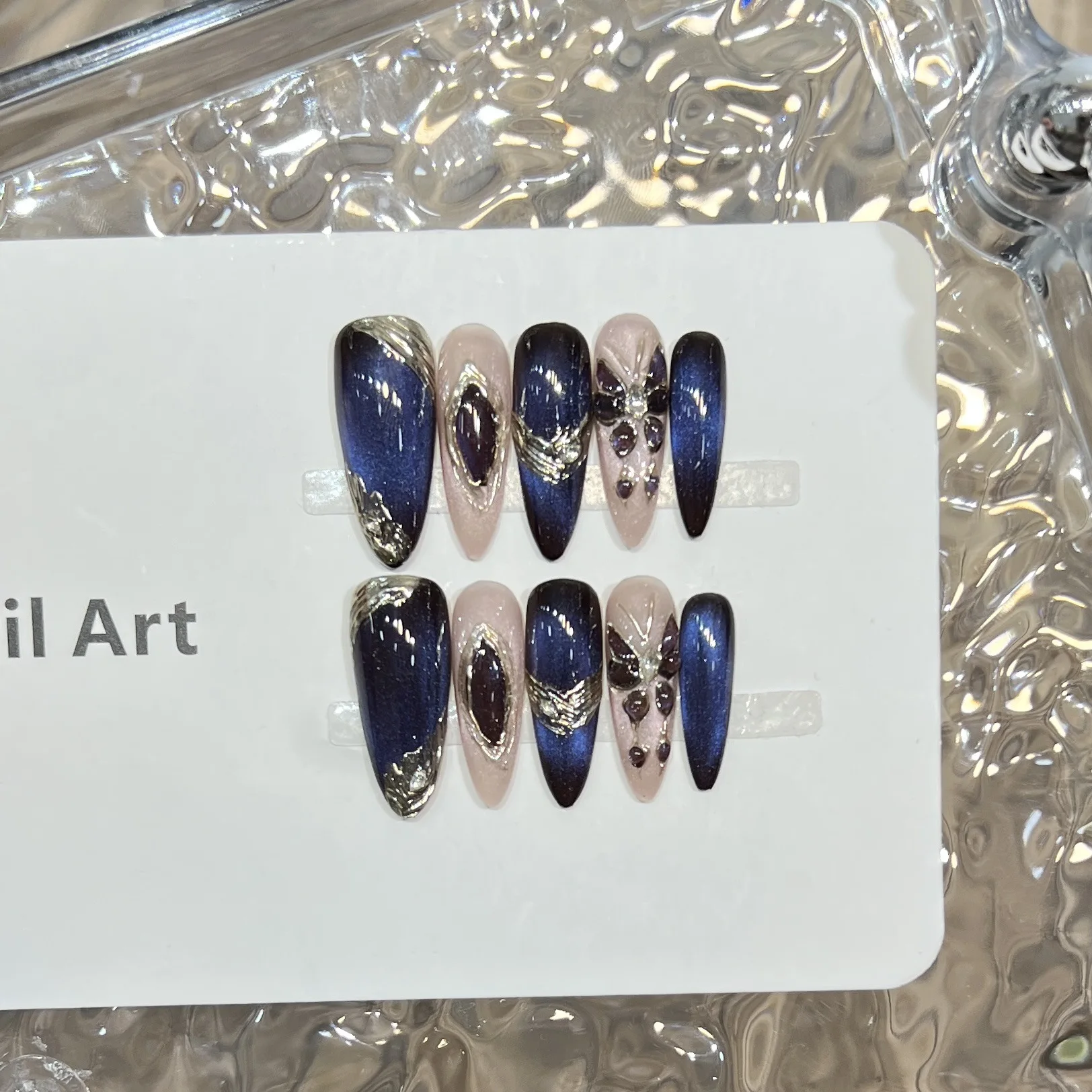 10Pcs Handmade Press on Nails Shiny Blue Cat Eye Butterfly Gold Metal Design Sweet Cool Fake Nails Wearable Nails Art Spice Girl