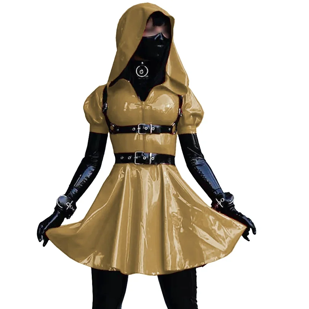 Mini vestido sissy de manga curta para mulheres, couro brilhante, uniforme de cosplay de empregada evasê de pvc, fantasias de Halloween, roupa de dança exótica, 7XL