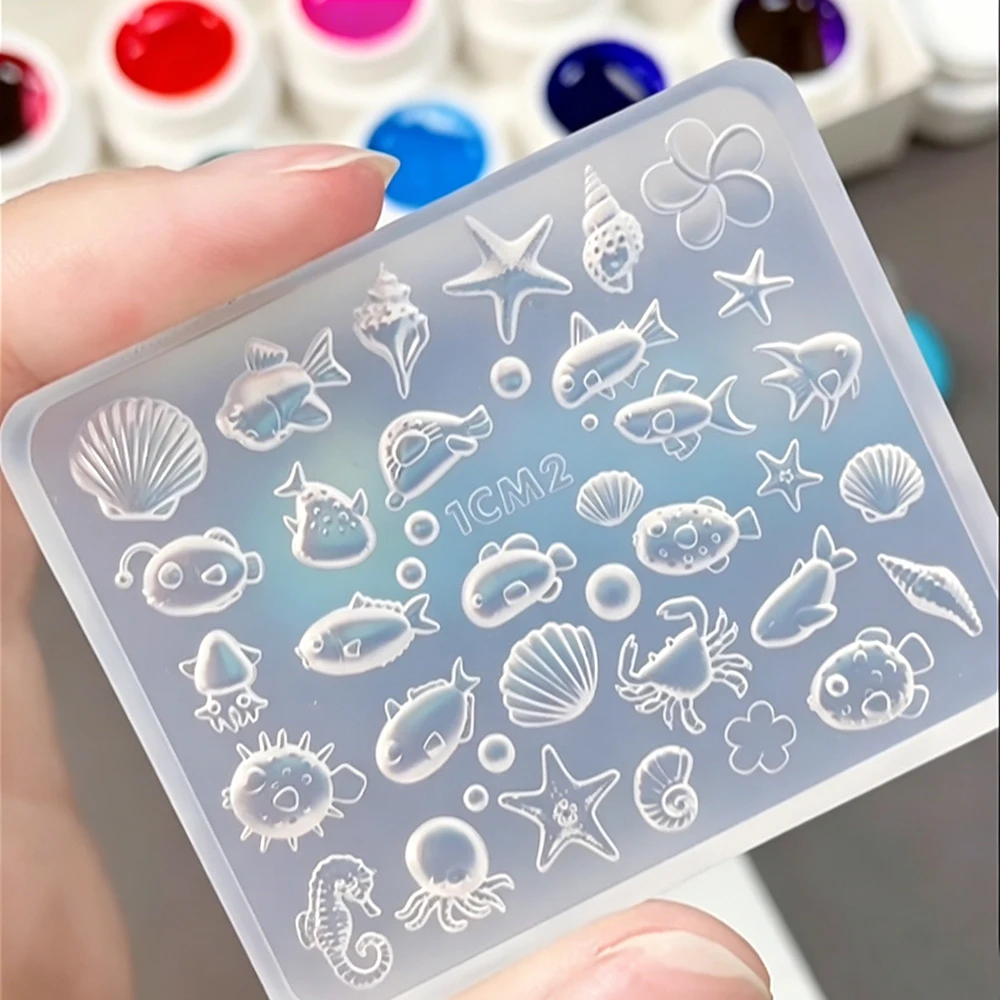 1Pcs Cute Fish Ocean Silicone Nail Carving Mold 3D Acrylic Sea Life Bubble Crab Starfish Dolphin Shell Nails Stencils Template#-