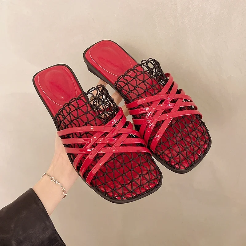 

Mesh Hollow Out Modern Slippers Summer Shallow Personality 2025 Fashion Ladies Shoes Mid Heel Flat with Fashion Slippers