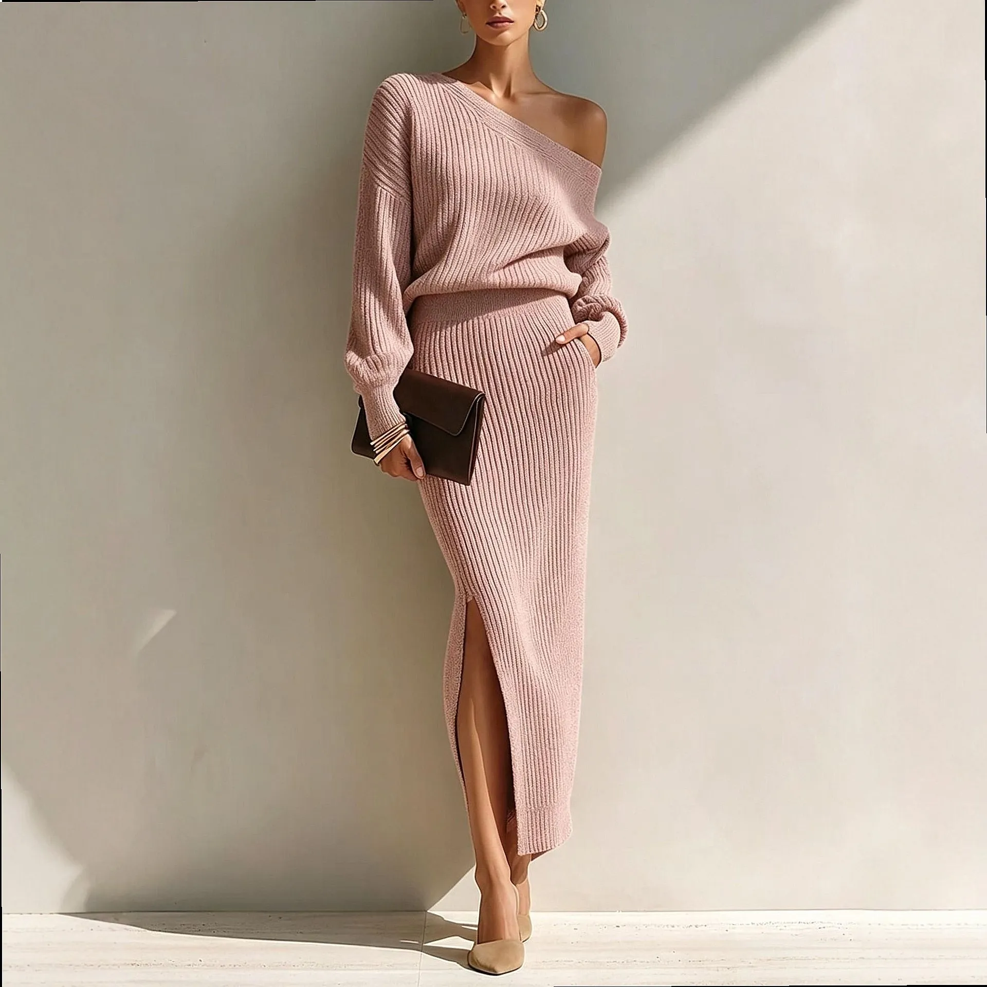 Women Ribbed Knit Top Skirt Matching Set Asymmetric Shoulder Slit Long Dresses Spring Summer