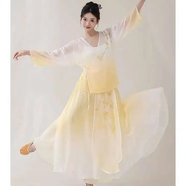 

New Classical Dance Costume, New Chinese Style Printed Gradient Gauze Dress, Elegant Large Swing Skirt, Chinese Dance,