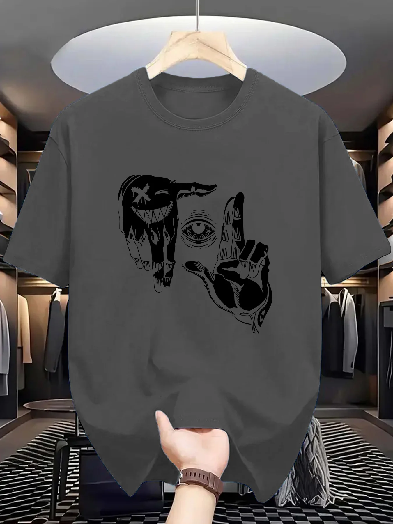 Summer men's 100% pure cotton casual loose plus size gesture eye personalized pattern printed round neck short sleeved T-shirt image 5