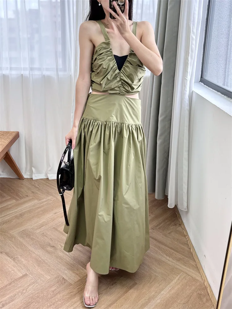 New 2024 Summer Women Oliver Green Waist Exposed Long Dress Fashionable Vacation Design Trendy Stylish Chic Stunning Sweet M